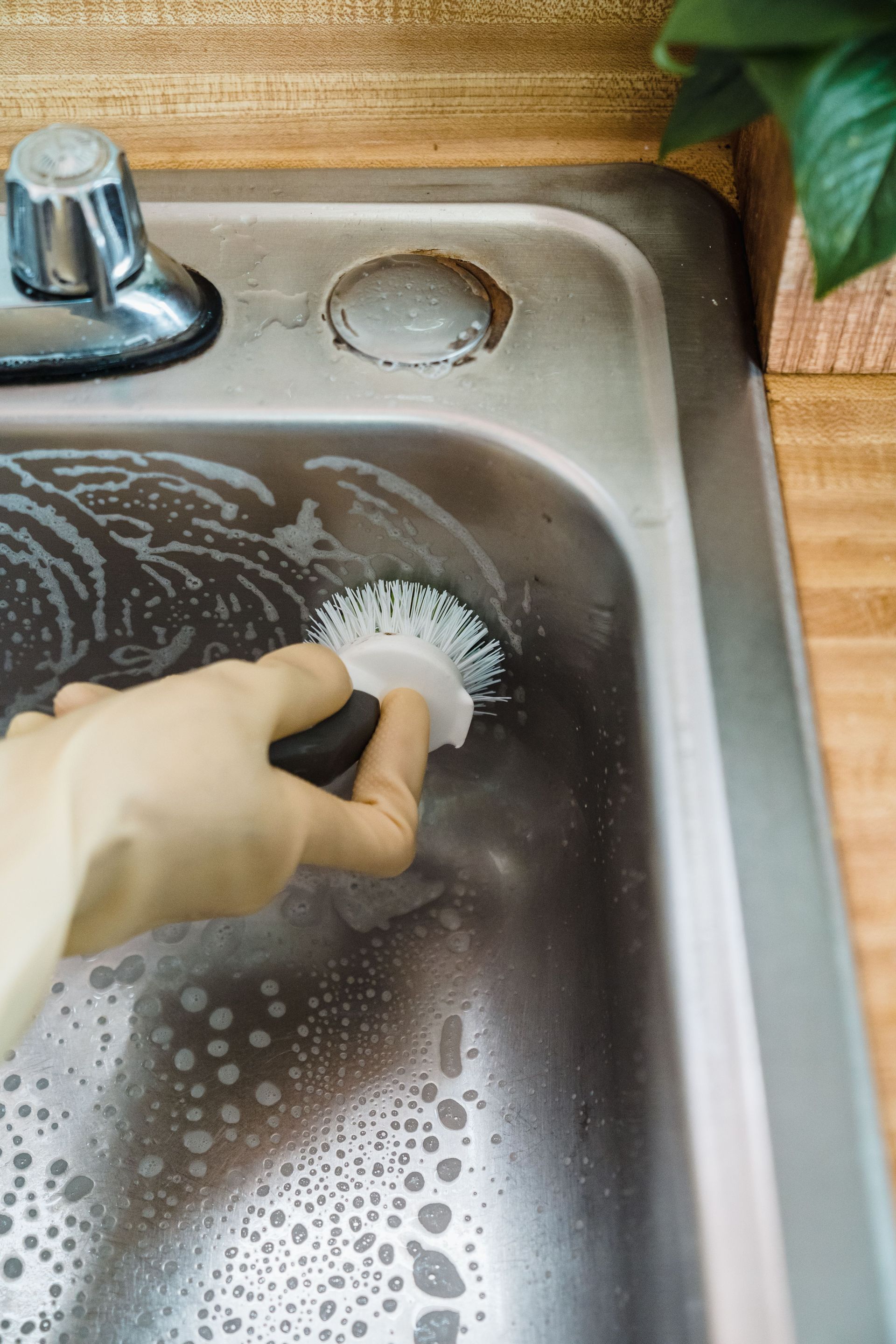 Close-up of a hand in a glove scrubbing a stainless steel sink filled with soapy water and bubbles.